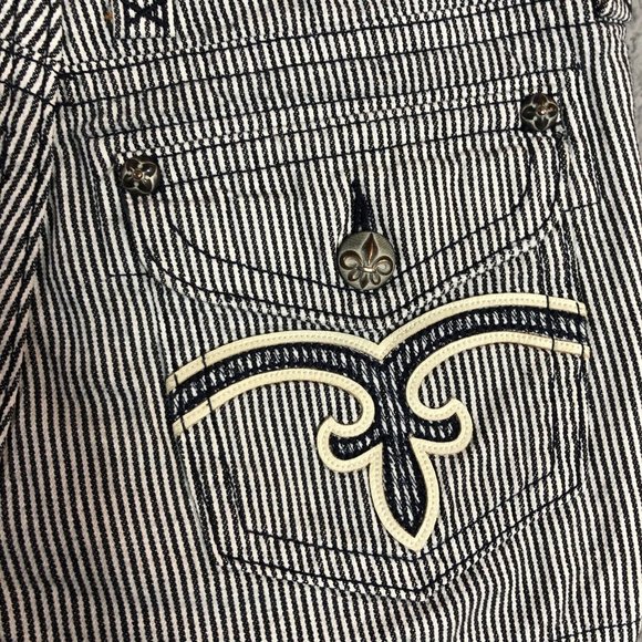 SOLDRock Revival Distressed Navy White Stripe Fleur de Lis Flap Pocket Shorts 26 - Picture 5 of 10